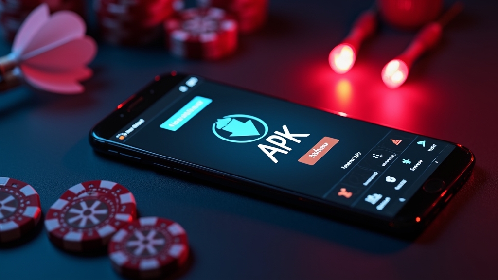 Teléfono Android con pantalla de descarga APK y estética de casino oscuro